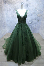 Dark Green V-Neckline Lace Applique Low Back Prom Dresses Green Tulle Prom Dresses