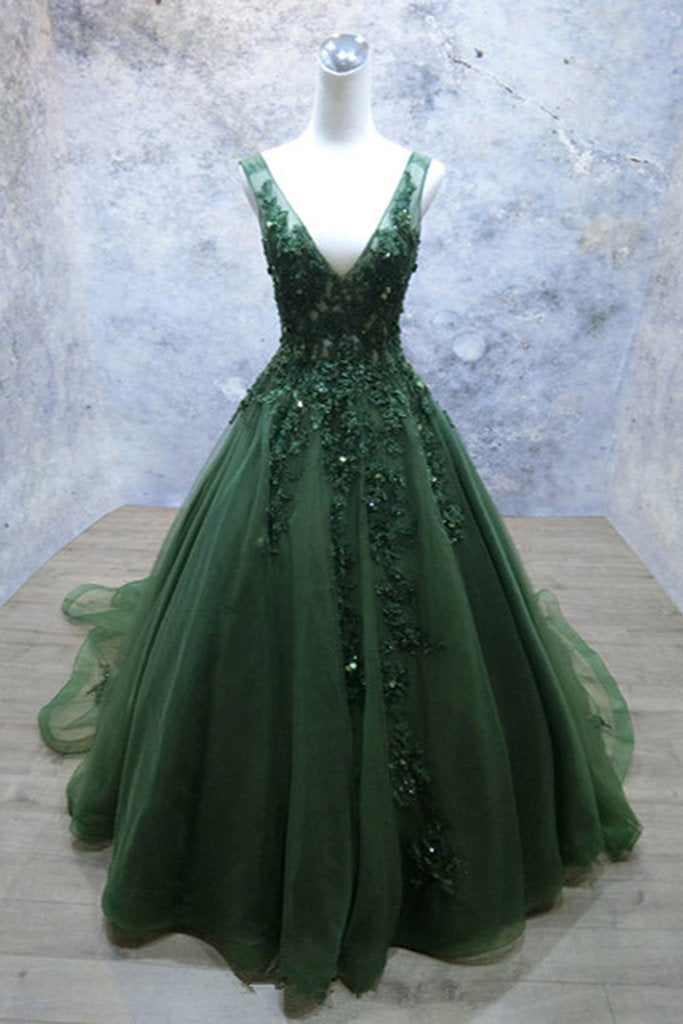Dark Green V-Neckline Lace Applique Low Back Prom Dresses Green Tulle Prom Dresses