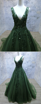 Dark Green V-Neckline Lace Applique Low Back Prom Dresses Green Tulle Prom Dresses