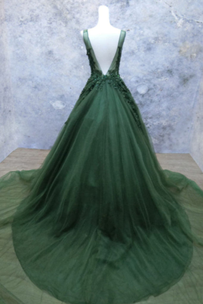 Dark Green V-Neckline Lace Applique Low Back Prom Dresses Green Tulle Prom Dresses