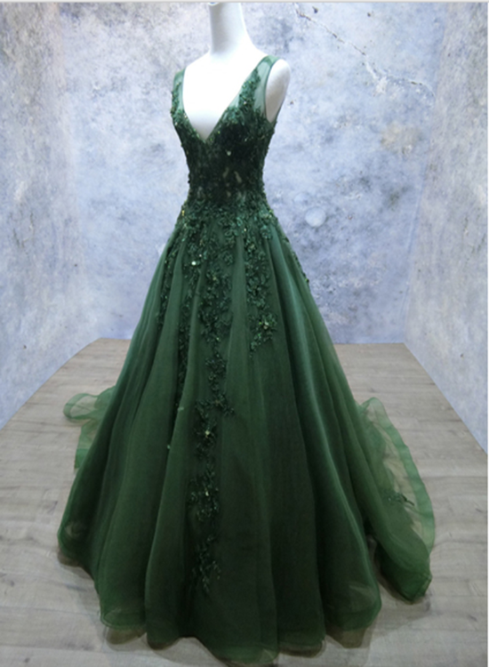 Dark Green V-Neckline Lace Applique Low Back Prom Dresses Green Tulle Prom Dresses Main image