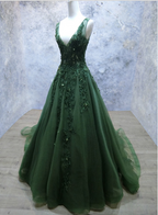 Dark Green V-Neckline Lace Applique Low Back Prom Dresses Green Tulle Prom Dresses