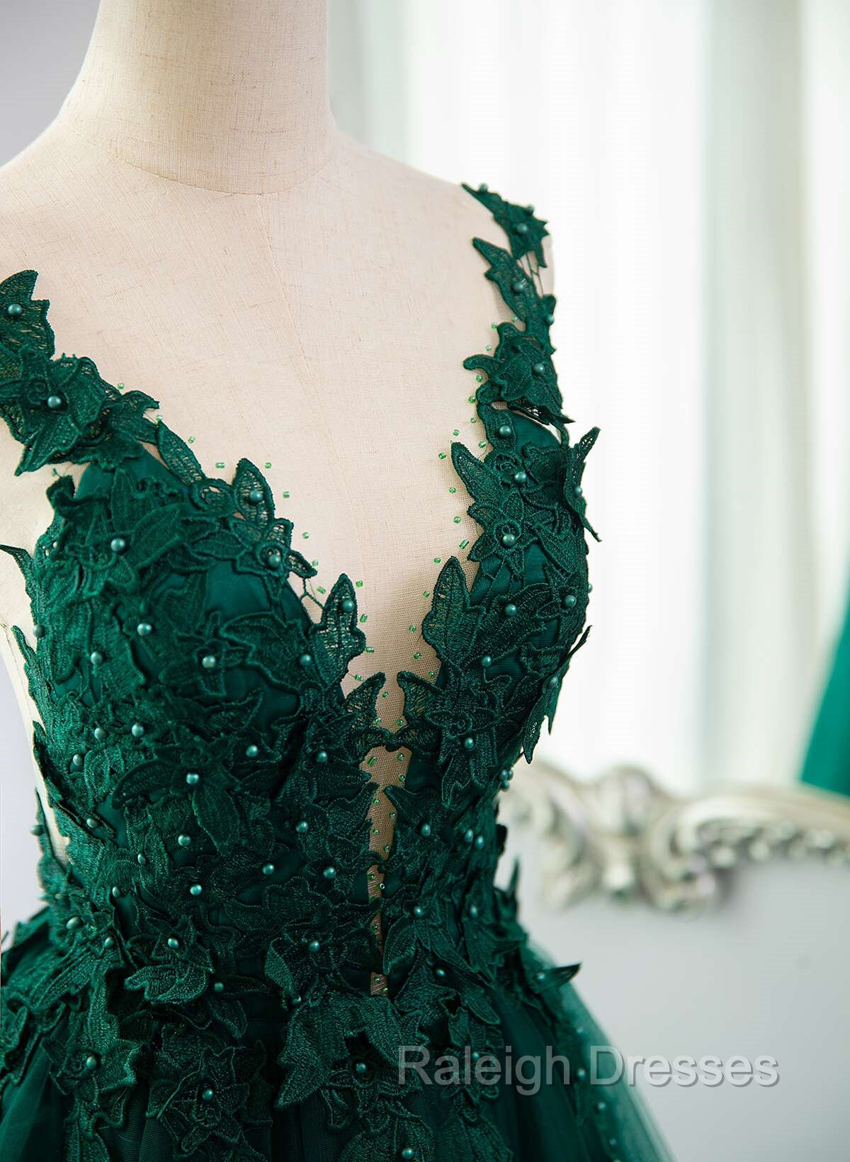 Dark Green V Neckline Lace Long Beaded Prom Dresses Dark Green Prom Dresses