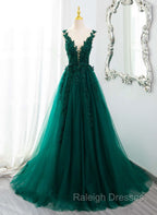 Dark Green V-neckline Lace Long Beaded Prom Dress, Dark Green Party Dress