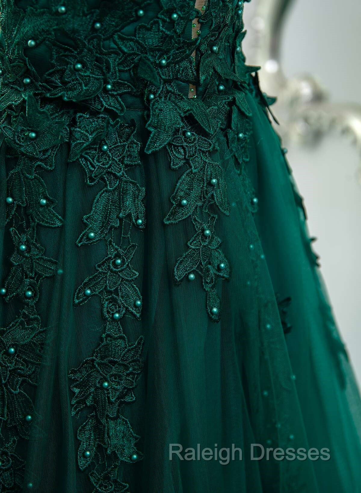 Dark Green V Neckline Lace Long Beaded Prom Dresses Dark Green Prom Dresses