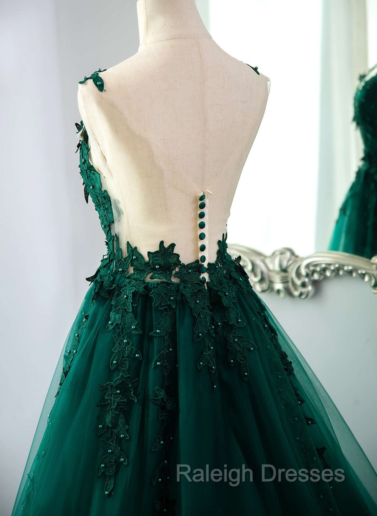 Dark Green V-neckline Lace Long Beaded Prom Dress, Dark Green Party Dress