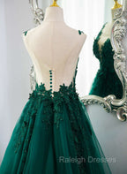 Dark Green V-neckline Lace Long Beaded Prom Dress, Dark Green Party Dress