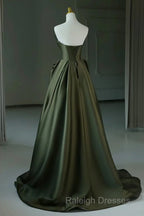 Dark Green V-Neckline Satin Long Prom Dress, Dark Green Party Dress