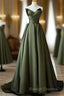 Dark Green V-Neckline Satin Long Prom Dress, Dark Green Party Dress