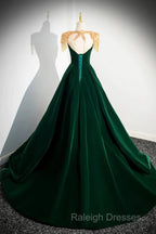 Dark Green Velvet A-Line Long Prom Dress, Dark Green Evening Party Dress