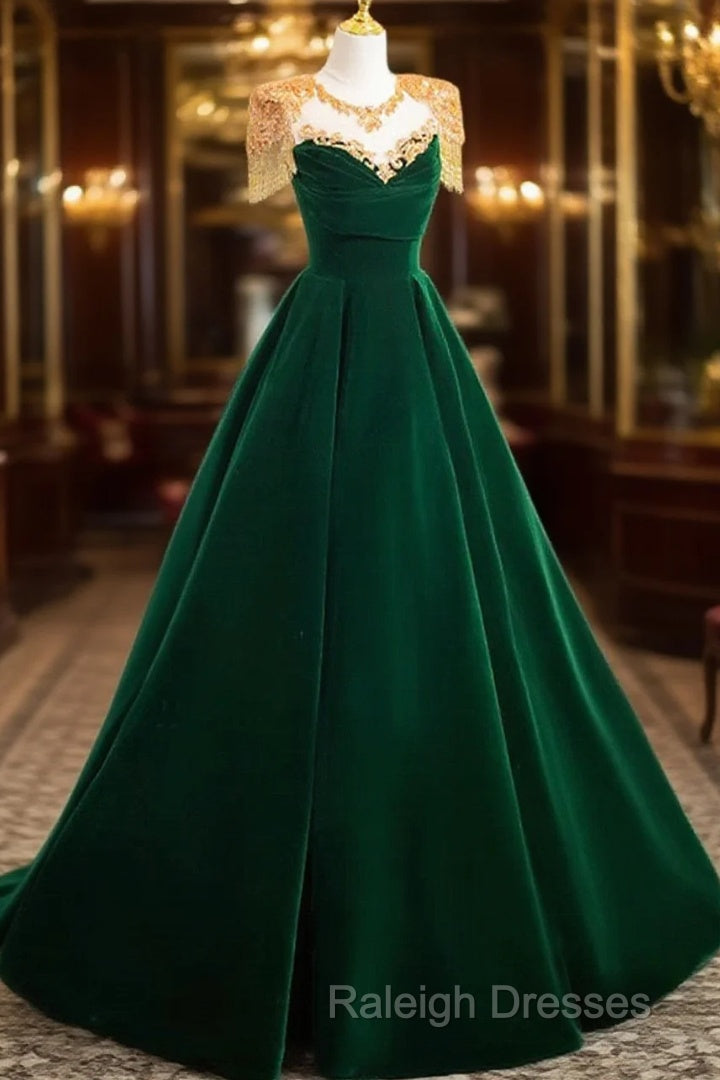 Dark Green Velvet A-Line Long Prom Dress, Dark Green Evening Party Dress
