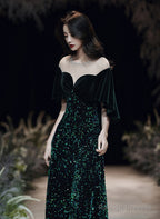 Dark Green Velvet And Sequins Mermaid Long Prom Dress, Dark Green Formal Dress