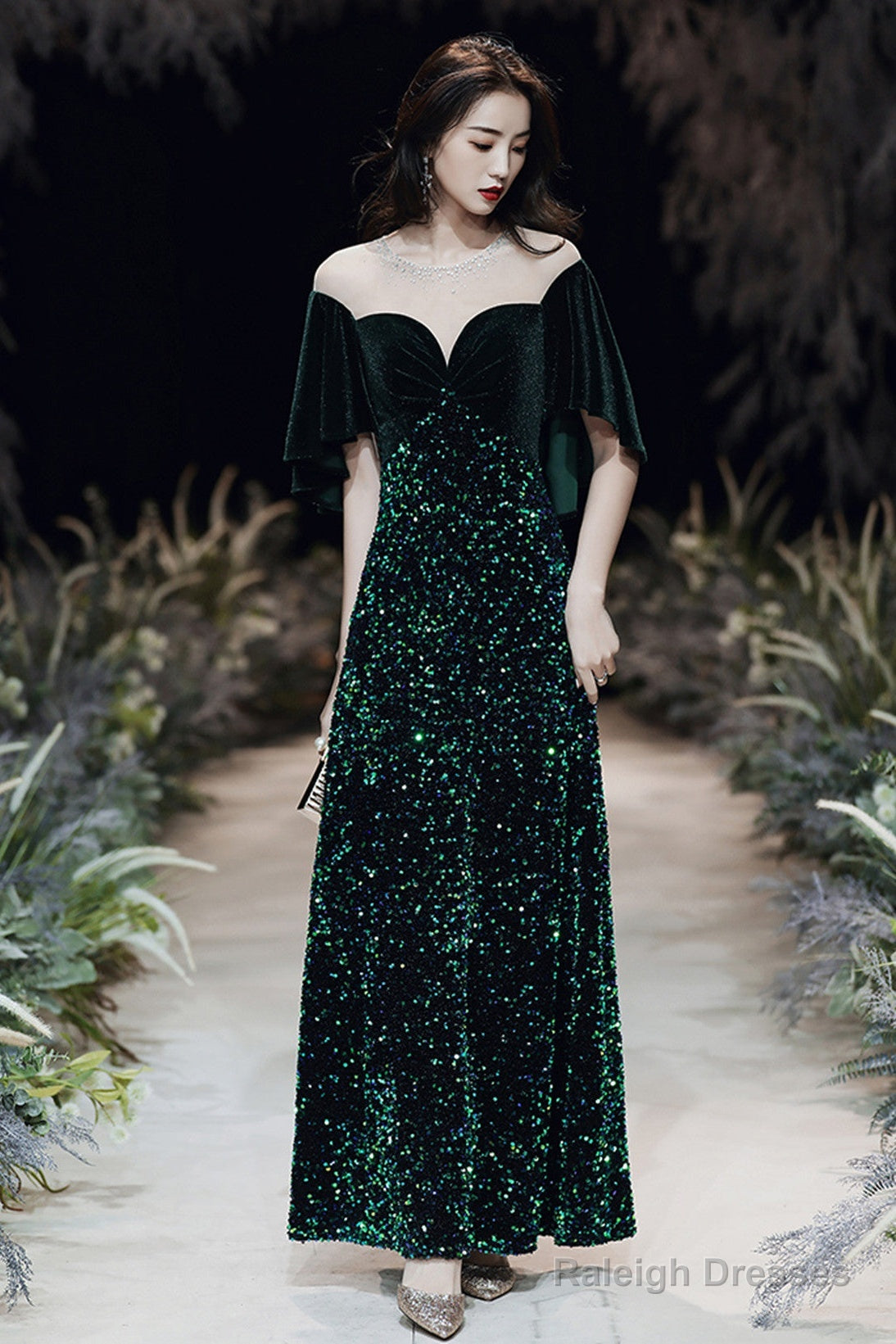 Dark Green Velvet And Sequins Mermaid Long Prom Dresses Dark Green Prom Dresses Main image