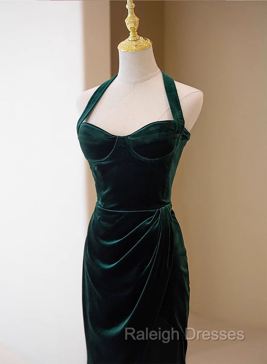 Dark Green Velvet Long Prom Dresseses A Line Green Bridesmaid Dresses