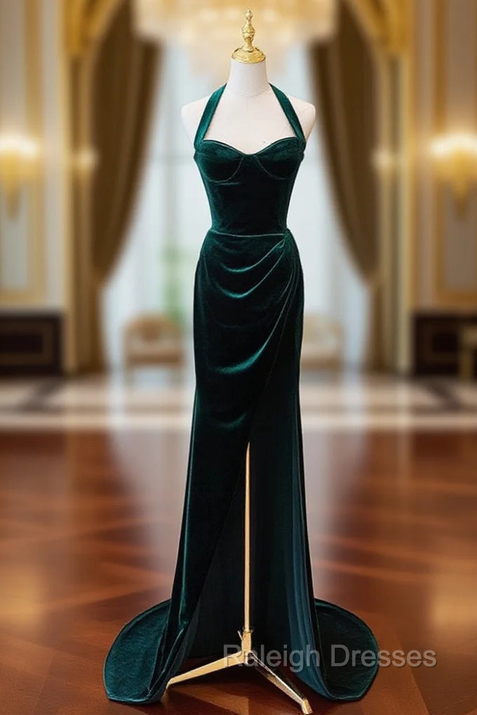 Dark Green Velvet Long Evening Dress Party Dress, A-line Green Bridesmaid Dress