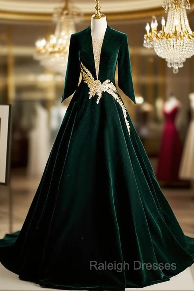 Dark Green Velvet Long Sleeve Appliques Prom Dress Main image
