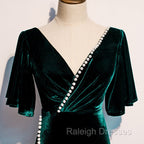 Dark Green Velvet Mermaid Slit V Neckline Formal Dress Prom Dress, Long Prom Dresses