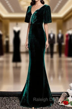 Dark Green Velvet Mermaid Slit V-neckline Formal Dress Party Dress, Long Evening Dresses