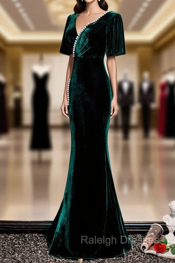 Dark Green Velvet Mermaid Slit V-neckline Formal Dress Party Dress, Long Evening Dresses
