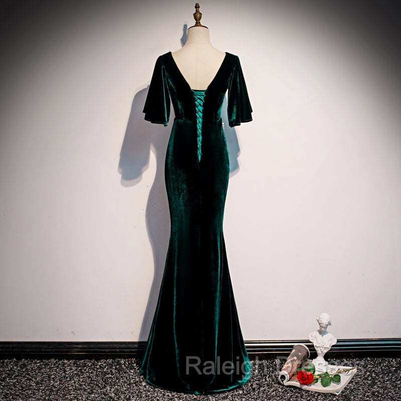 Dark Green Velvet Mermaid Slit V-neckline Formal Dress Party Dress, Long Evening Dresses