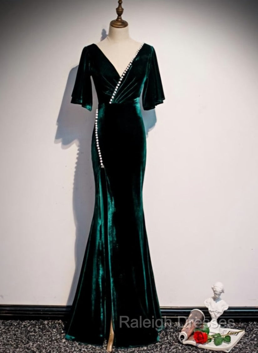 Dark Green Velvet Mermaid Slit V-neckline Formal Dress Party Dress, Long Evening Dresses Main image