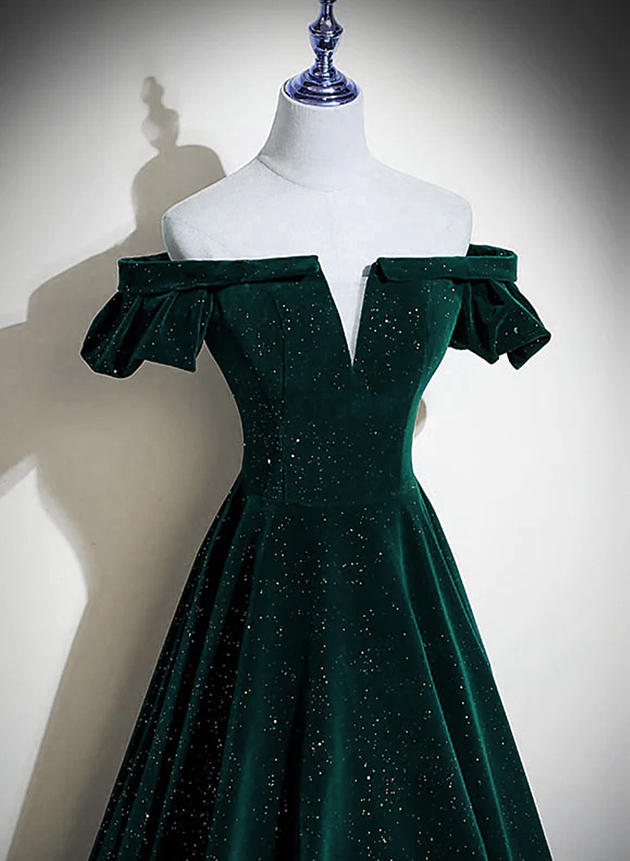 Dark Green Velvet Off Shoulder Long Prom Dresses Green A-Line Prom Dresses