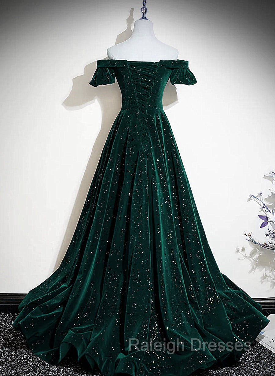 Dark Green Velvet Off Shoulder Long Party Dress, Green A-line Prom Dress