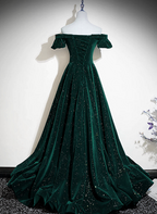 Dark Green Velvet Off Shoulder Long Prom Dresses Green A-Line Prom Dresses