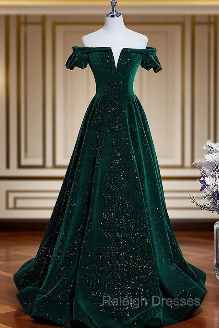 Dark Green Velvet Off Shoulder Long Party Dress, Green A-line Prom Dress
