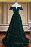 Dark Green Velvet Off Shoulder Long Party Dress, Green A-line Prom Dress