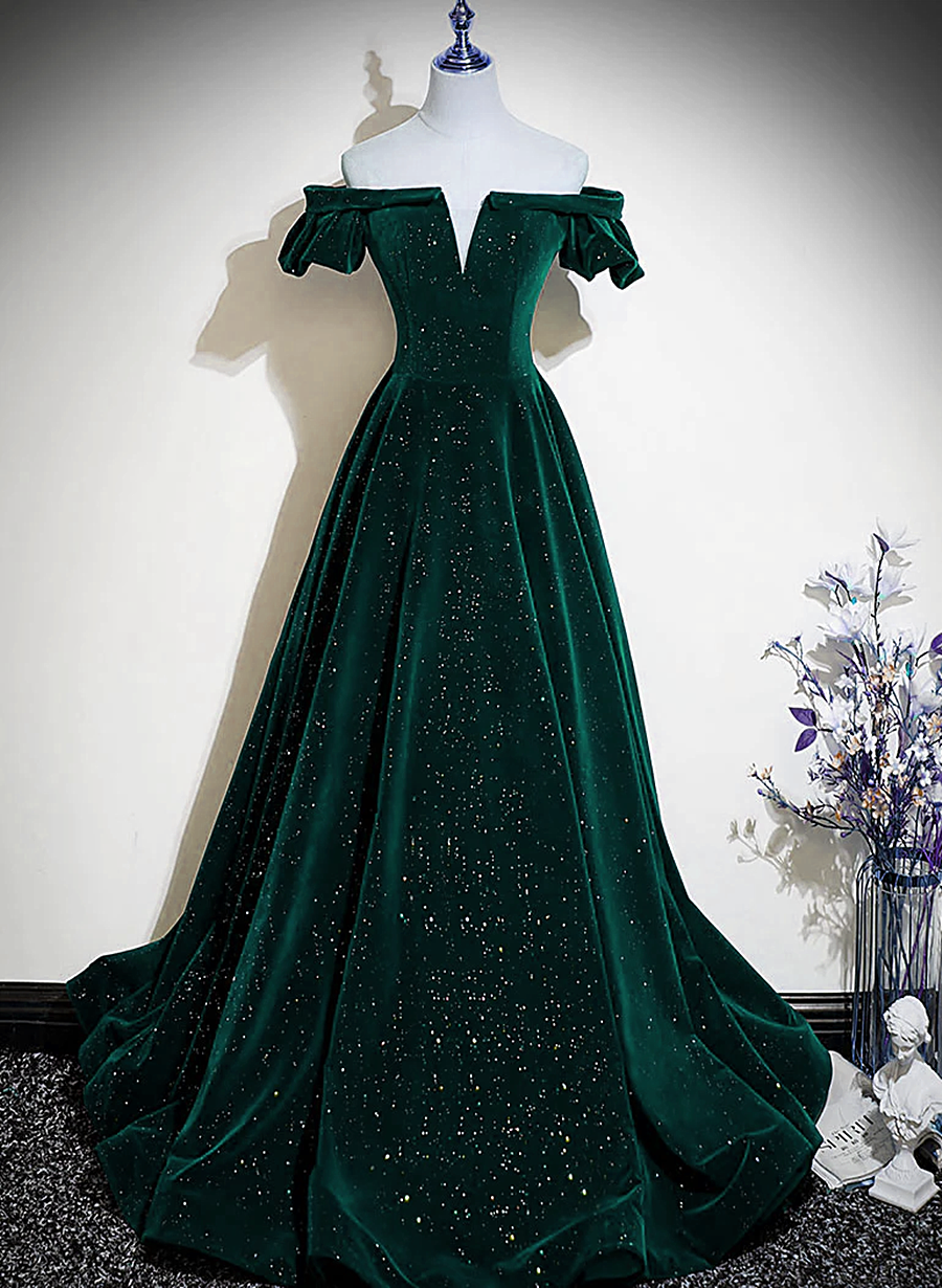 Dark Green Velvet Off Shoulder Long Prom Dresses Green A-Line Prom Dresses
