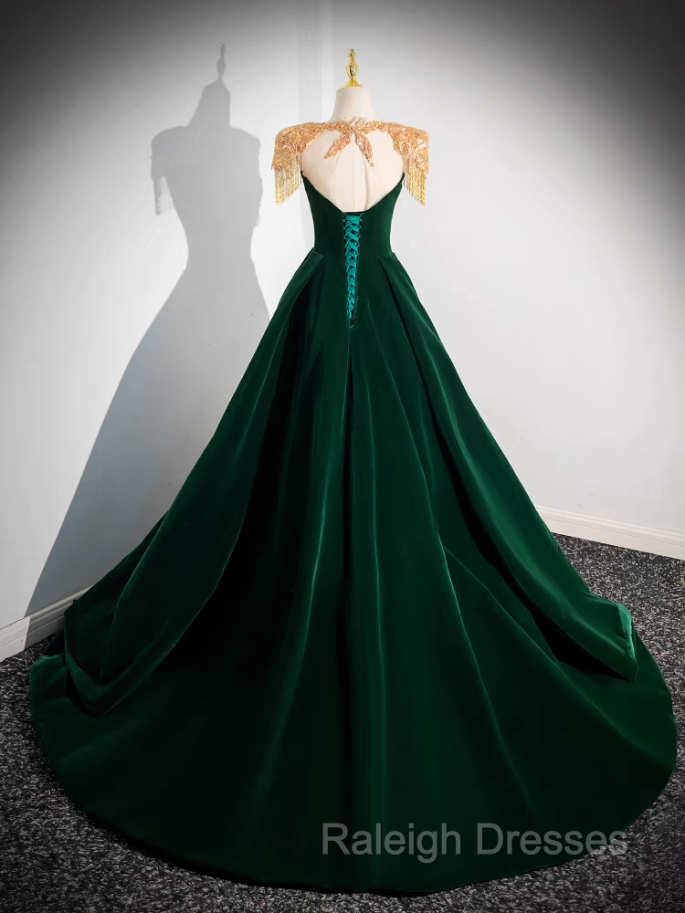 Dark Green Velvet Prom Dress Vintage Gold Beaded Neckline Evening Gown Secondary image