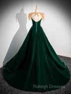 Dark Green Velvet Prom Dress Vintage Gold Beaded Neckline Evening Gown