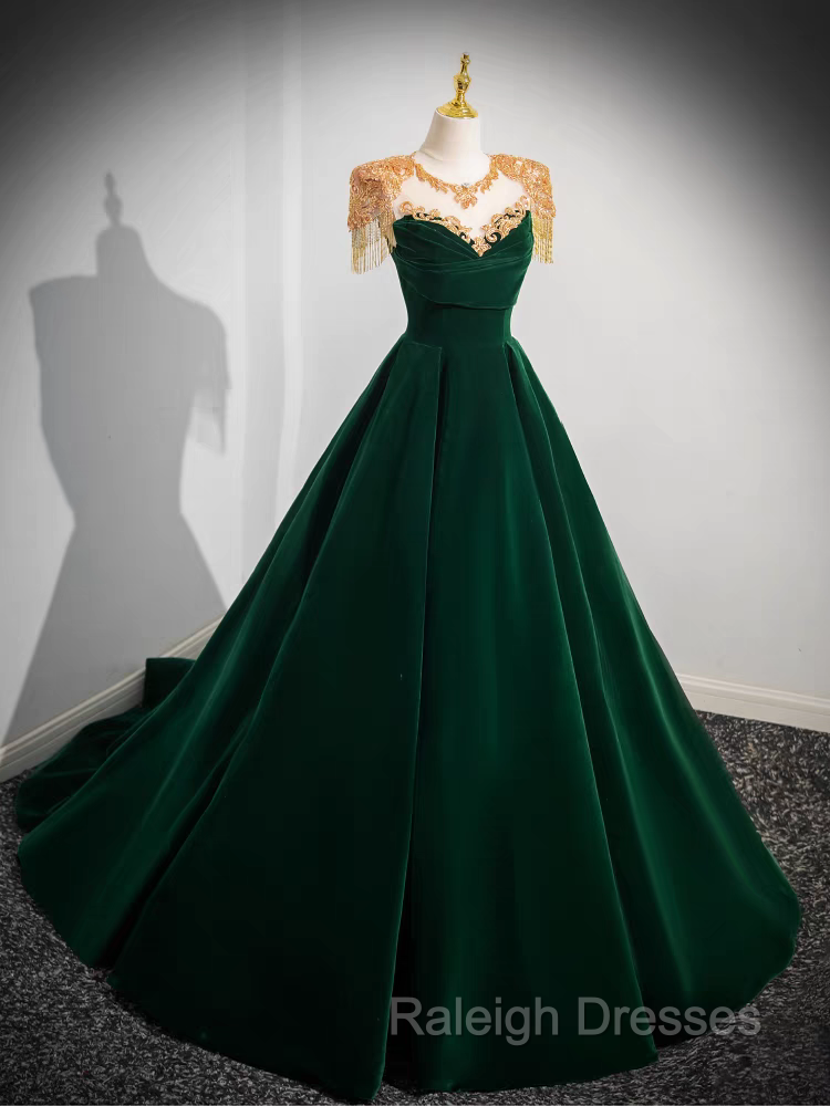 Dark Green Velvet Prom Dress Vintage Gold Beaded Neckline Evening Gown