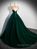 Dark Green Velvet Prom Dress Vintage Gold Beaded Neckline Evening Gown