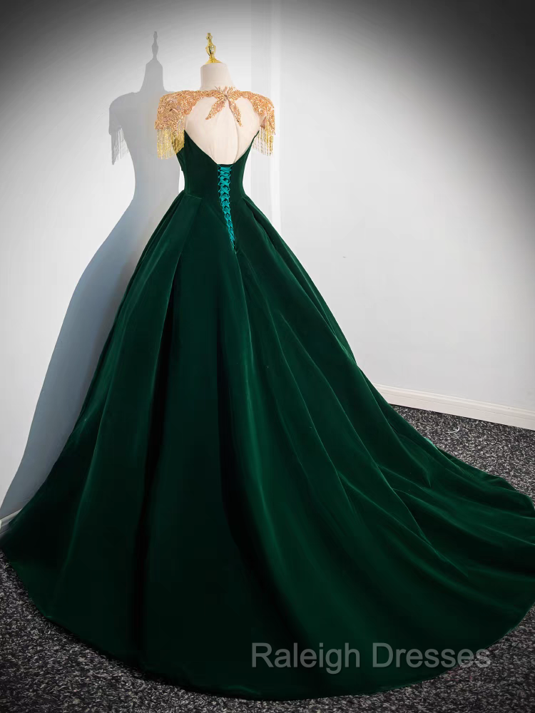 Dark Green Velvet Prom Dress Vintage Gold Beaded Neckline Evening Gown