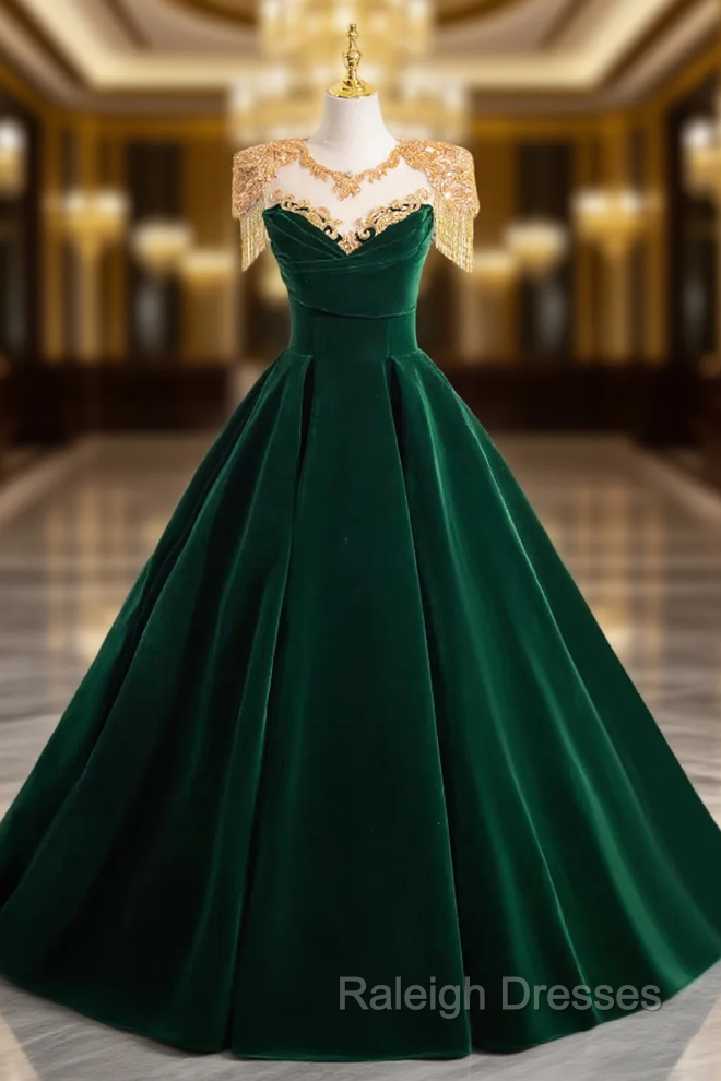 Dark Green Velvet Prom Dress Vintage Gold Beaded Neckline Evening Gown Main image