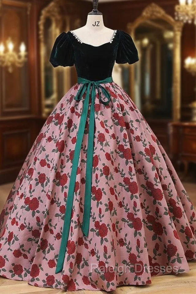 Dark Green Velvet Puff Sleeve Quinceanera Dress