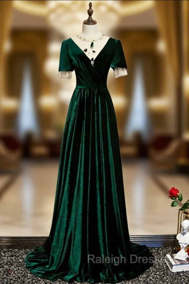 Dark Green Velvet Short Sleeve Open Back Beading Prom Dress
