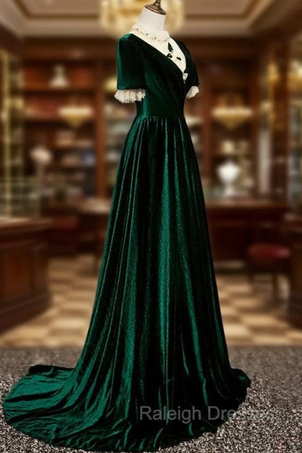 Dark Green Velvet Short Sleeves A-line Bridesmaid Dresses, A-line Wedding Party Dress Prom Dress Secondary image