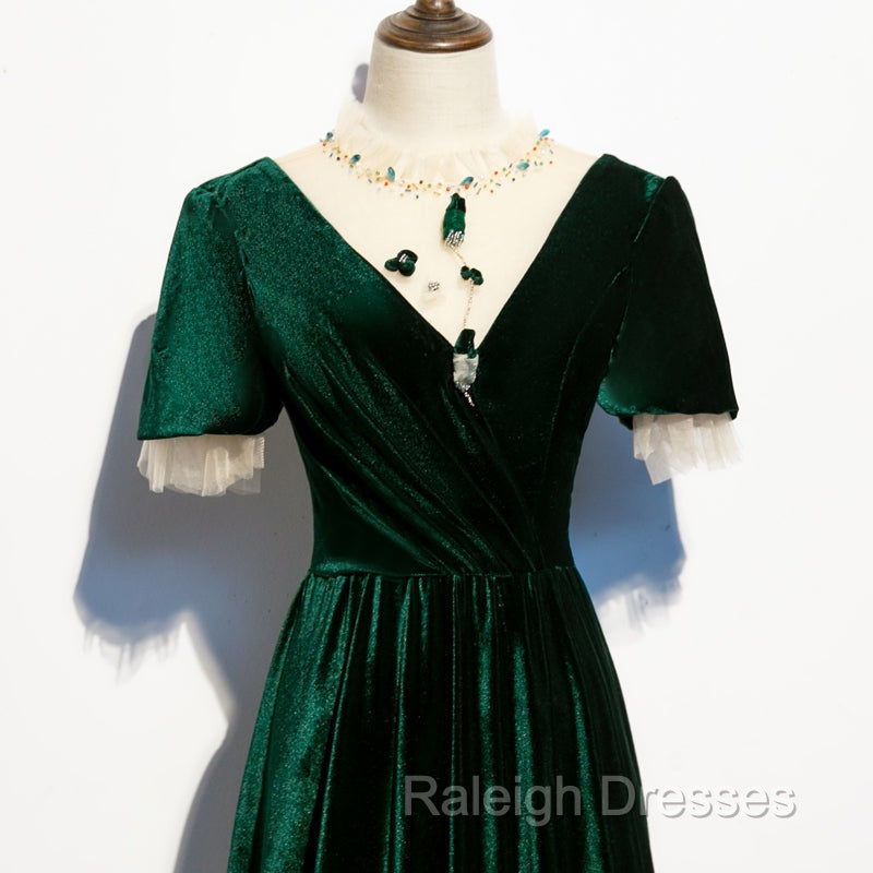 Dark Green Velvet Short Sleeves A Line Bridesmaid Dresses, A Line Wedding Prom Dress