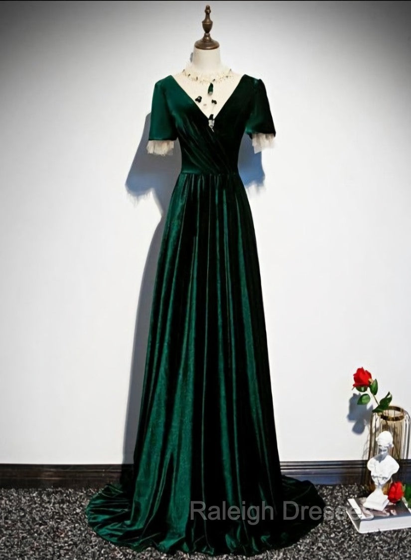 Dark Green Velvet Short Sleeves A Line Bridesmaid Dresses, A Line Wedding Prom Dress Main image