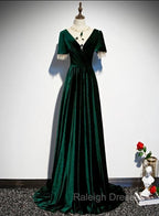 Dark Green Velvet Short Sleeves A Line Bridesmaid Dresses, A Line Wedding Prom Dress