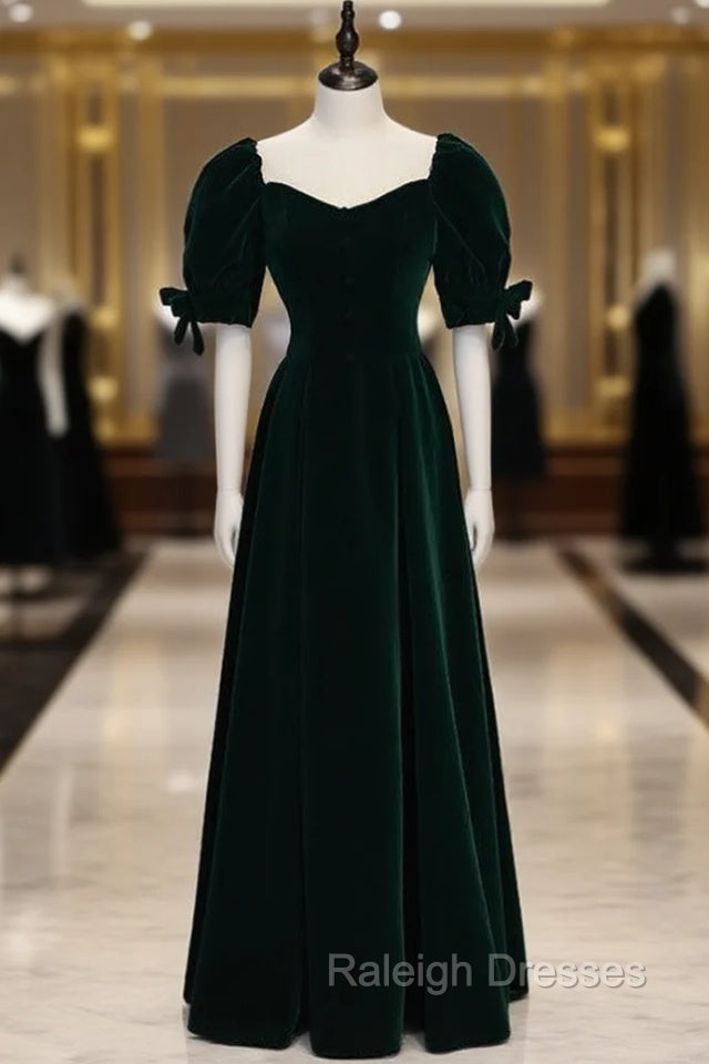 Dark Green Velvet Square Puff Sleeve Prom Dress