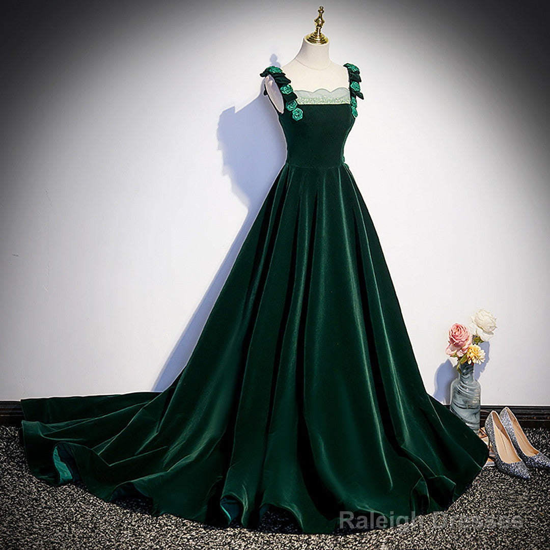 Dark Green Velvet Straps Long Formal Dress With Flowers, Green Evening Dress Prom Dress