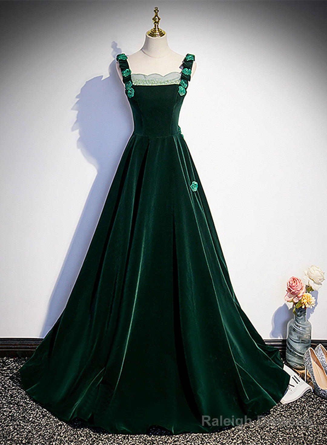 Dark Green Velvet Straps Long Formal Dress With Flowers, Green Evening Dress Prom Dress