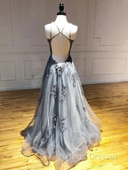 Dark Grey Halter Backless Tulle with Lace Party Dress A-line Grey Formal Dress prom dresses shops