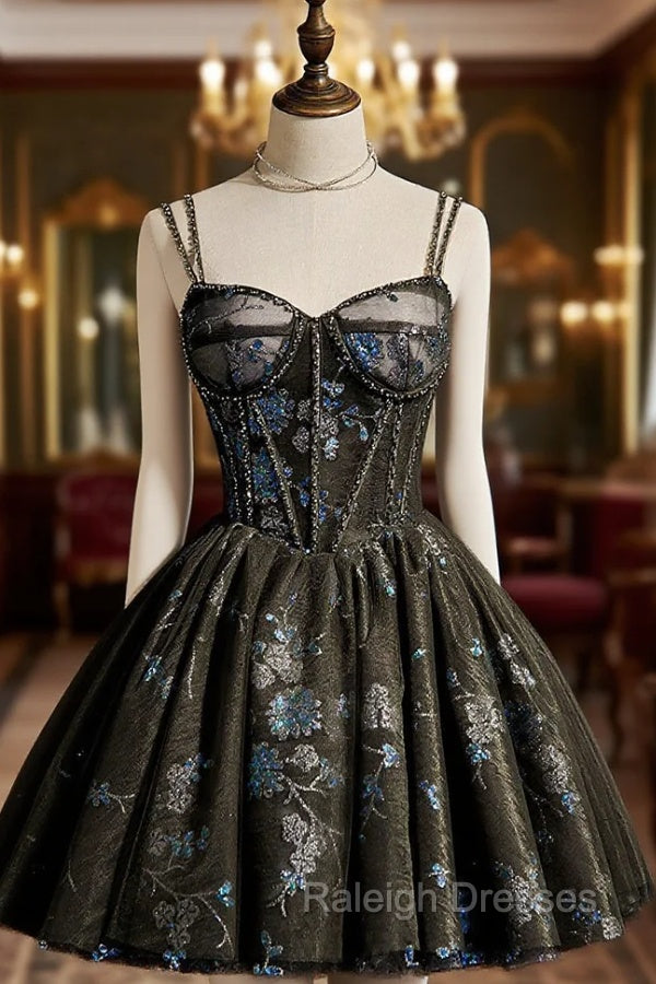Dark Grey Sequins Lace Up Short Tulle Homecoming Dress, Grey Prom Dress