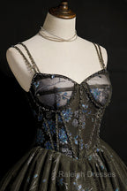 Dark Grey Sequins Lace Up Short Tulle Homecoming Dress, Grey Prom Dress