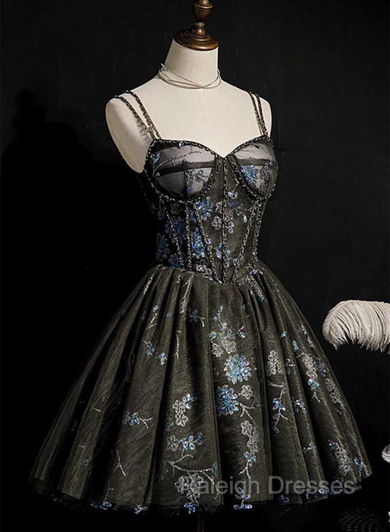 Dark Grey Sequins Lace Up Short Tulle Homecoming Dress, Grey Party Dress Main image